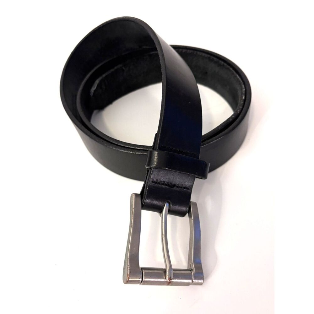 LL Bean Black Leather Belt Silver Buckle 34 1.25" Wide Made in USA